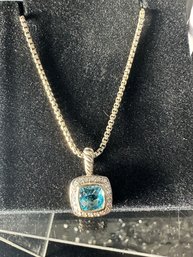 David Yurman Sterling Silver Barrel Link Necklace Blue Topaz Pendant With Diamonds