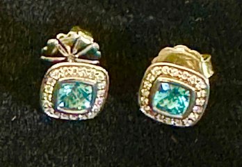 David Yurman Sterling Silver Pair Of Blue Topaz And Diamond Earrings