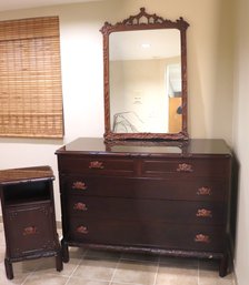Vintage Mahogany Chinese Chippendale Dresser, Nightstand And Mirror.