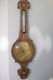 Antique Inland Mahogany English Barometer With Engraved Brass Face.