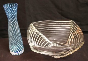 Stylish Decorative Glass Bowl And A Blue And White Carafe Filigrana Style Swirl Glass Vase