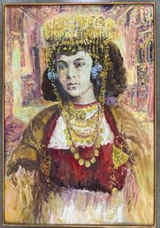 Signed Vintage Oil Painting Of Ethnic Princess Adorned With Gold Jewels In An Eastern Temple.