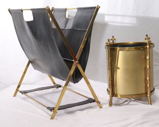 Vintage Brass/leather Folding Magazine Holder And Brass Waste Bucket With Bamboo Style Stand