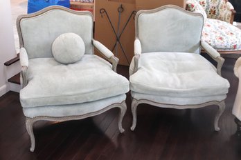 Custom Made French Louis XVI Style Armchairs In Suede Teal Upholstery.