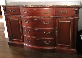 Thomasville Marble Top Buffet Cabinet With 4 Drawers Including For Silver & Panel Doors With Brass Pulls.