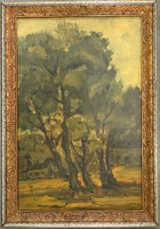 Antique Oil On Wood Board Landscape Painting Of Trees And A House.