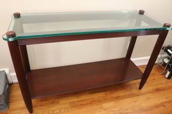 Modern Fluted Console Table With A Thick Sea Green Toned Glass Top