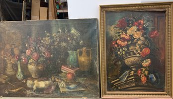 Two Antique Still Life Floral Oil Paintings With Age Related Craquelure