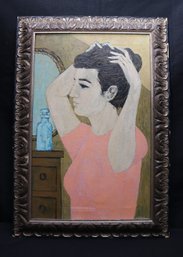 Judith Shahn MCM Signed Painting Of Woman With Up Do Hair, Framed, Daughter Of Famed Artist Ben Shahn.