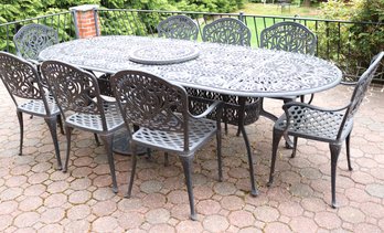 Outdoor Aluminum Dining Table & 8 Chairs With Umbrella Holder & Scroll Work.