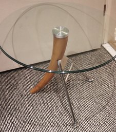 Danish Modern Glass Side Table With Wood Leg And Chrome