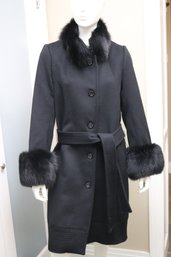 St. John's Women's Coat Size 4 In Wool And Cashmere Blue Fox Collar And Cuffs
