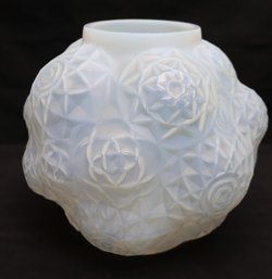 Antique Dahlia Pattern Frosted Glass Vase By Hunebelle France.