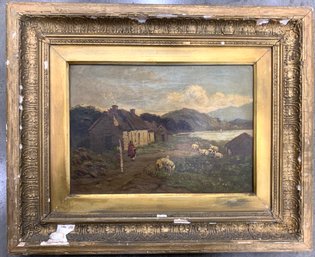 19 Th Century Signed And Framed Antique Oil Painting With Sheep, In As Is Condition.