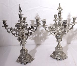 Pair Of Silver Tone Louis XV Style 5 Arm Candelabra With Candle Snuffer.