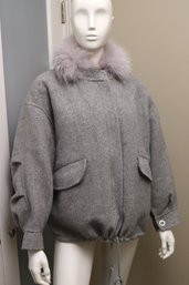 Diomi Womens Wool Jacket With Fur Collar. Small, Herringbone Wool In Gray/white With Raccoon Fur Collar