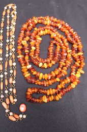 Extra- Long Natural Amber Bead Necklace And Coral And Pearl Lariat.