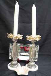 Pair Silver Metal Lotus Candlesticks, Mirrored Vanity Tray And Julia Knight Enamel Flower Dish.