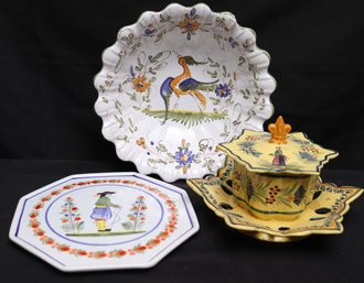 Three Pieces Of Vintage French Quimper, With Hand Painted Designs.