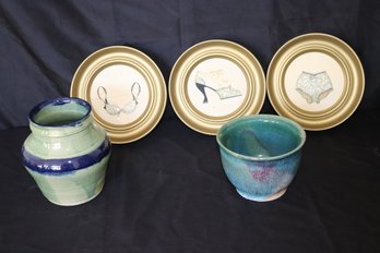 Handmade Glazed Pottery & Fun Lace B Paintings In Round Frames