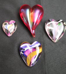 Three Steven Maslasch Murano Rainbow Hearts And Robert Held Art Glass Heart.