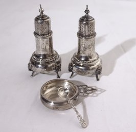Sterling Silver Pair Of Footed Salt And Pepper Shakers By F. Whiting Plus Salt Dish And Spoon