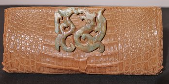 Gam Belle Leather Croc Style Clutch With Hardstone Dragon Embellishment