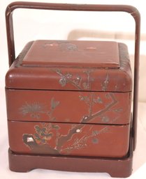 Antique Japanese Lacquerware, Painted Bento Box With Handle