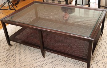 Swain Furniture 2 Tier Cocktail/coffee Table With Woven Cane And Glass Top On Brass Casters