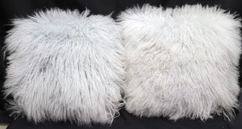 Two Real Mongolian Lamb Pillows With Down Filled Cushions, Blue Grey Color. 17 Inches Square