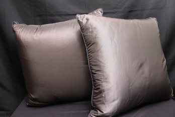 Pair Of Grey Silk Accent Pillows With Piping And Down/ Goose Feathers Cushions.