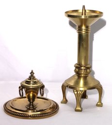 Vintage Substantial Brass Candlestick And Brass Candle Holder With A Flip Open Top And Attached Brass Plate