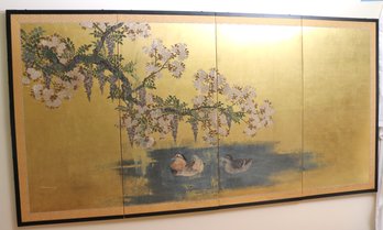 Four Panel Gold Leaf Japanese Wall Screen With Hand Painted Scenes