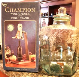 Champion Wine Opener With Table Stand & Glass Iced Tea Dispenser With Lid.