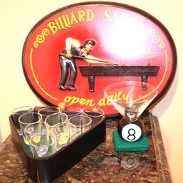 Set Of 10 Pool Cue Shot Glasses, Martini Glass & Billiard Saloon Wooden Hanging Sign