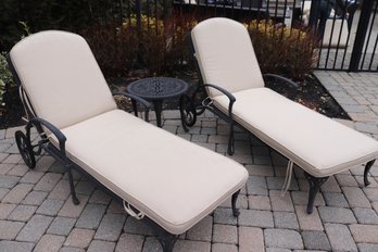 Ornate Outdoor Cast Aluminum Lounges With Side Table, Includes Sunbrella Zipper Cushions