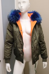 Olive Green, Hooded Parker/reversible Orange Interior And Olive Cuffs. Blue Fur Hood Small