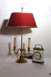 Vintage Bouillotte Louis XVI Style Brass Lamp With Tile Shade And Carriage Clock