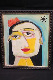 Chica Espanola Framed Painting Of Abstract Female Style Of Picasso, Signed.