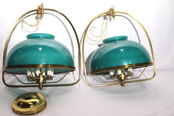 Pair Of Vintage Brass MCM Ceiling Fixtures With Green Glass Domes, Approx. 14 X 18 Inches