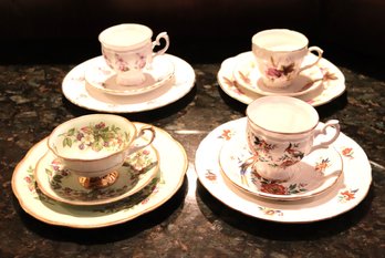 Nice Lot Of 4 English Porcelain Teacups With Saucer & Plate Set Decorated With Flowers & Birds