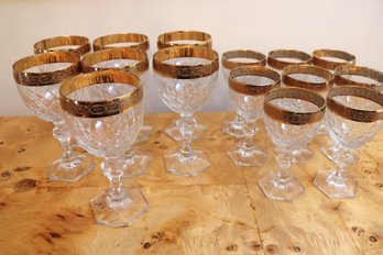 Set Of Elegant Gold Rim Etched Crystal Wine Goblets And Liqueur Glasses.