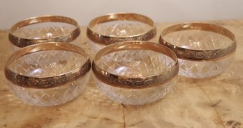 Set Of 5 Elegant Gold Rim Etched Ice Cream / Sherbert Bowls.