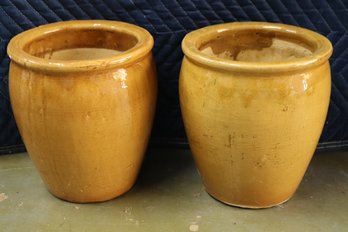 Two Terracotta Mustard Glazed Planters- Like New 8.75 X 10 Inches