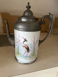 Antique Enamelware Heron Bird Teapot