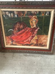 Vintage Bullfighting Painting In Frame