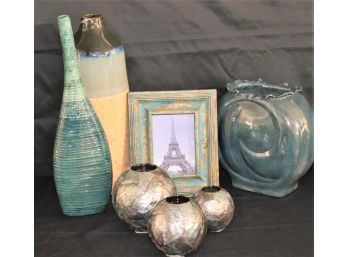 Beautiful Large Blue Glazed Jug, Blue Vase, Decorative Round Candle Holders & Picture Frame