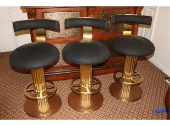 Set Of 3 Super Amazing Vintage Heavy Patinaed Brass Bar Stools With Black Wool Upholstery