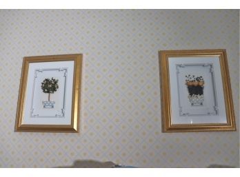 Pair Of Signed Framed Dried Floral Art In Gold Frames