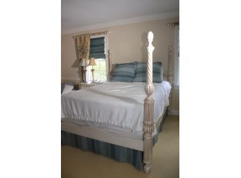 Shabby Chic Style Queen Size 4 Poster Carved Bed Frame With Shades Of Blue And White Bedding